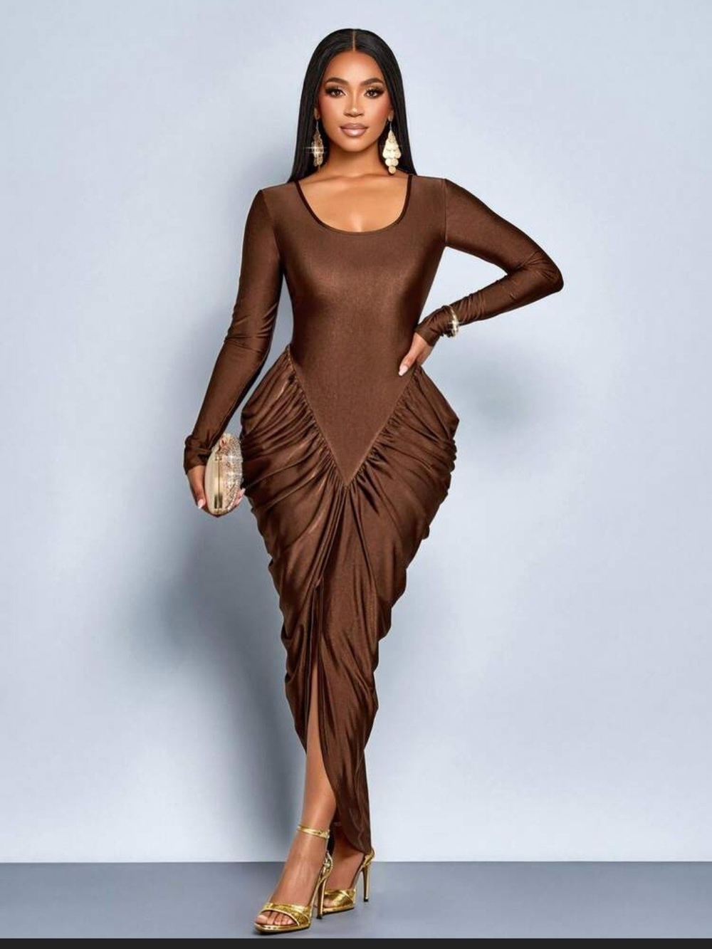 Stretchy Brown Draped  Dress